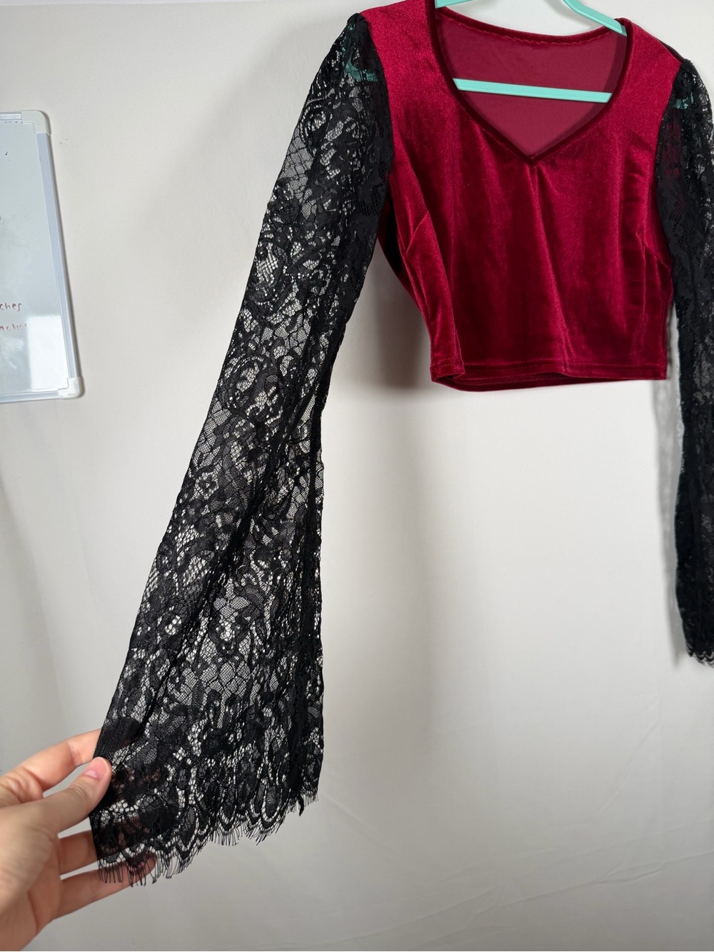 Whimsigoth Vamp Burgundy Velvet V-Neck Crop Top with Black Flare Lace Sleeves